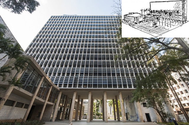 Vista inferior do palácio Gustavo capanema com croquis de Corbusier - BLOG LUGARES DE MEMORIA