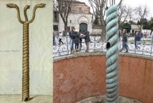 Desenho e foto da Coluna Serpentina - Desenho de sutor desconhecido e foto de Mikhail Malykh em wikimedia - BLOG LUGARES DE MEMORIA