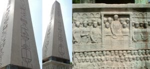 Obelisco de Teodosio e sua base - Foto do obelisco 31774 em Pixabay - foto da base Radomil talk em Wikimedia - BLOG LUGARES DE MEMÓRIA 