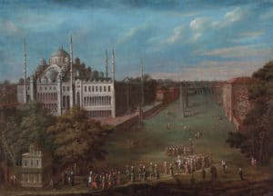 Retrato pintado do Hipódromo e d Mesquita Azul - Por Jean Baptiste van Mour em Wikimedia - domínio público - BLOG LUGARES DE MEMÓRIA