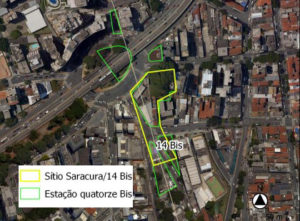 Praça 14-Bis mostrando área da estação e área do Quilombo Saracura - Imagem reproduzida de documento do Iphan