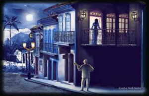 Homem faz serenata e mulher ouve da sacada - Pintura de desconhecido - BLOG LUGARES DE MEMORIA