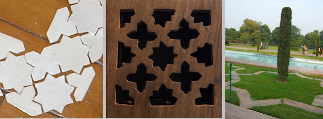 Padrão cruz-estrela em três diferentes suportes: como pastilhas de mosaico- vazado em caixa de madeira - formando friso em canteiro do Taj Mahal o jardim do Taj Mahal - Foto Sylvia Leite - Matéria Padrões Geométricos - BLOG LUGARES DE MEMÓRIA